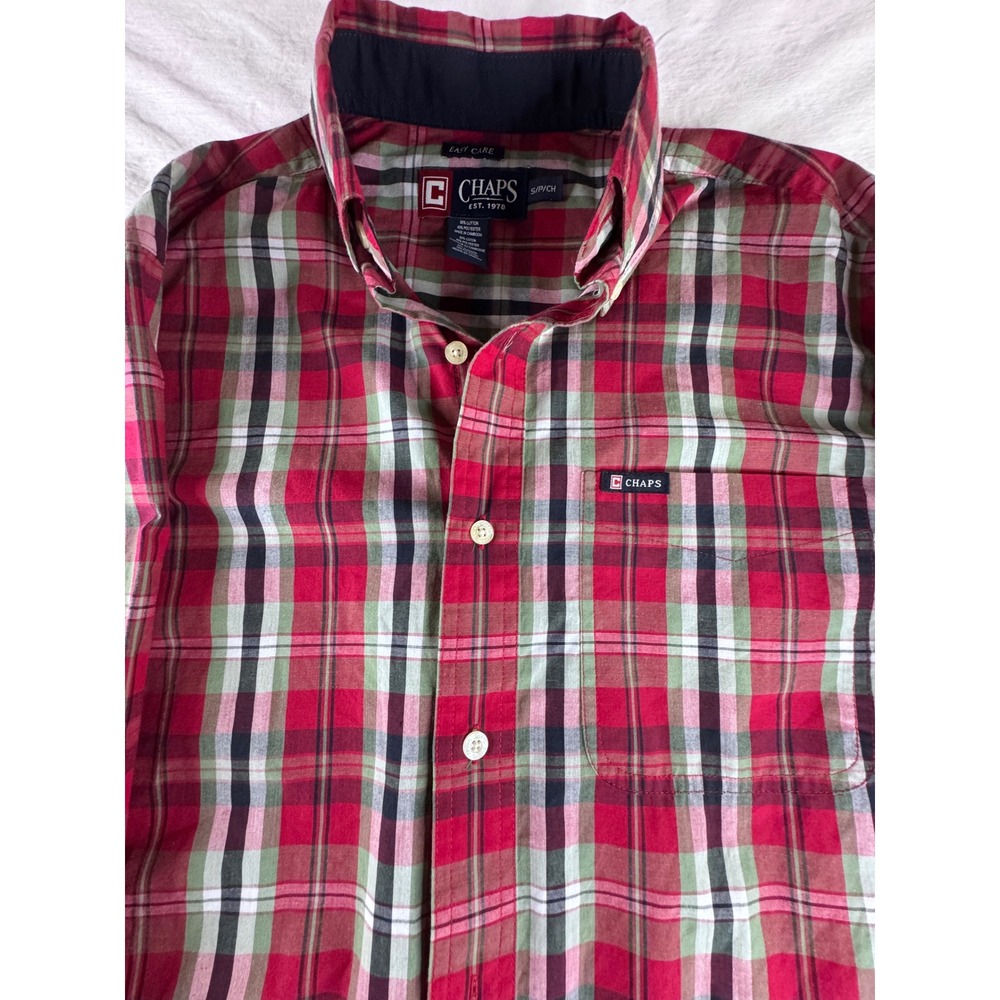 Chaps Plaid Button Down Shirt Mens Small Red Green Easy Care Long Sleeve